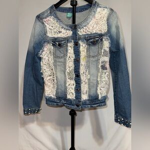 Vintage ANTICA SARTORIA Denim Jacket with Lace Accents, pearl cuffs 2 Italian Sz
